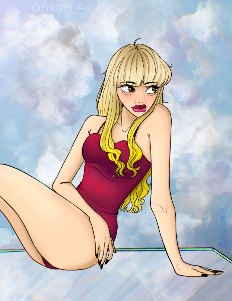 Jordyn, a very short person, they’re in a blond to highlighter yellow ends wig, they actually have alopecia. He’s looking to the side. He’s wearing a one piece bathing / body suit and matching lipstick. Behind them are clouds and its’s like they’re sitting on a glass platform.