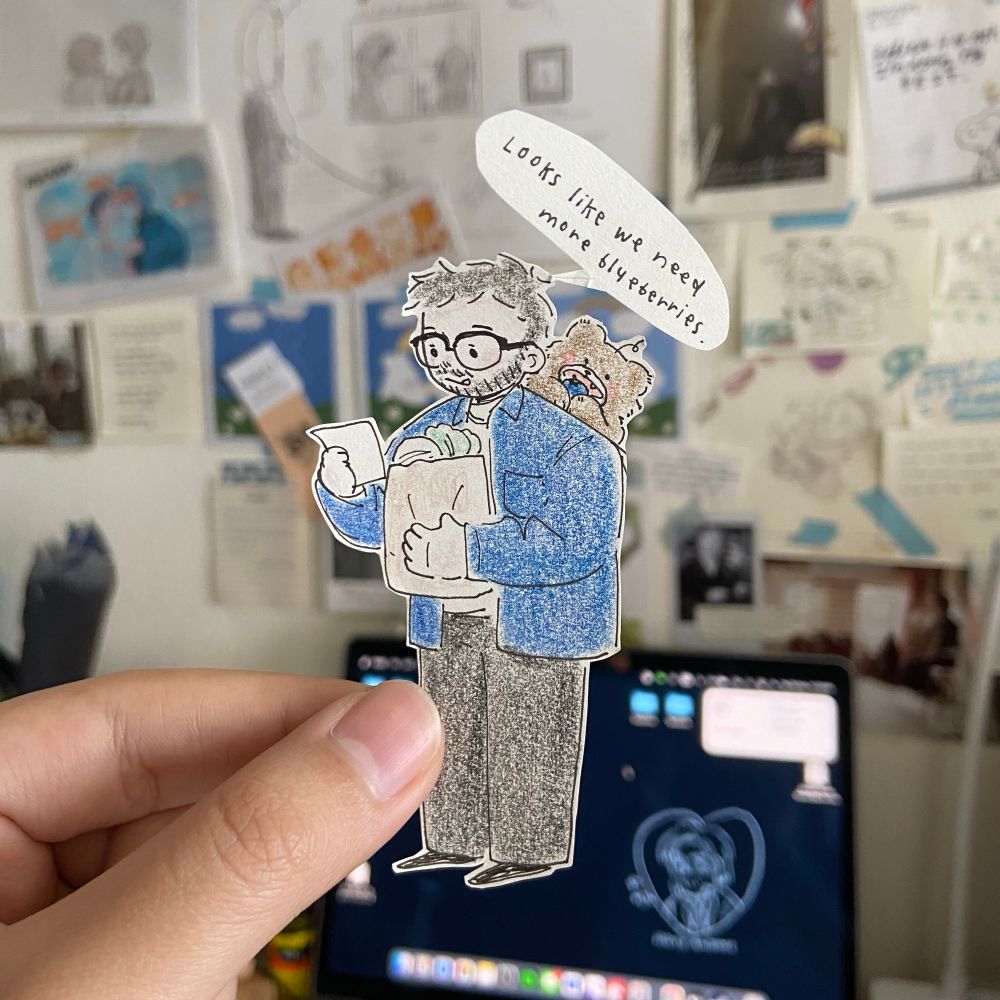 Mr Bear and the little one, looking at the grocery list and said, “Looks like we need more blueberries.”

(But they’re paper cut doll!)