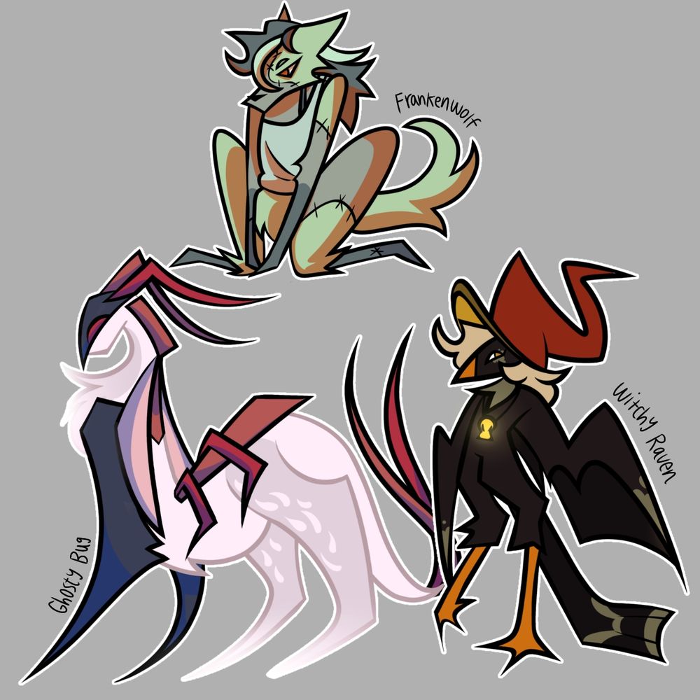 Image with three different furry characters. The first is a maned wolf sitting down, made to look like a Frankenstein monster. The second is a large quadruped monster with buglike elements and a ghostly body. The third is an anthro raven dressed up similar to a witch with a glowing skull shaped amulet.