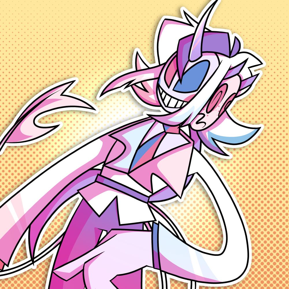 cartoony artwork of a character in uniform with multiple faces in the form of masks around her face, and a color scheme primarily composed of pastel blue, pink, purple, and white