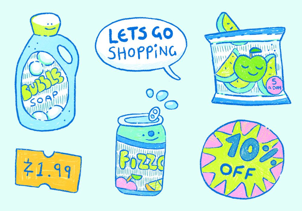 Speech bubble at the top says "Lets go shopping".
There're various groceries with smiley faces, 
Such as some laundry detergent, a bag of apple slices and a soda can. 
There's also a little price tag and a sale sticker that says "10% off"