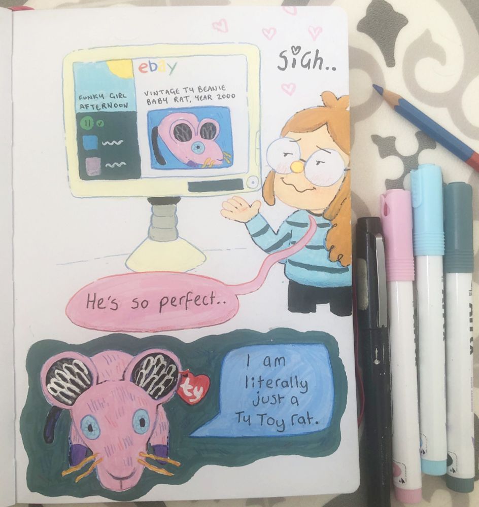 A photo of an open sketchbook page showing a comic that has been illustrated in acrylic markers. There are a bunch of pens and a pencil next to the sketchbook.