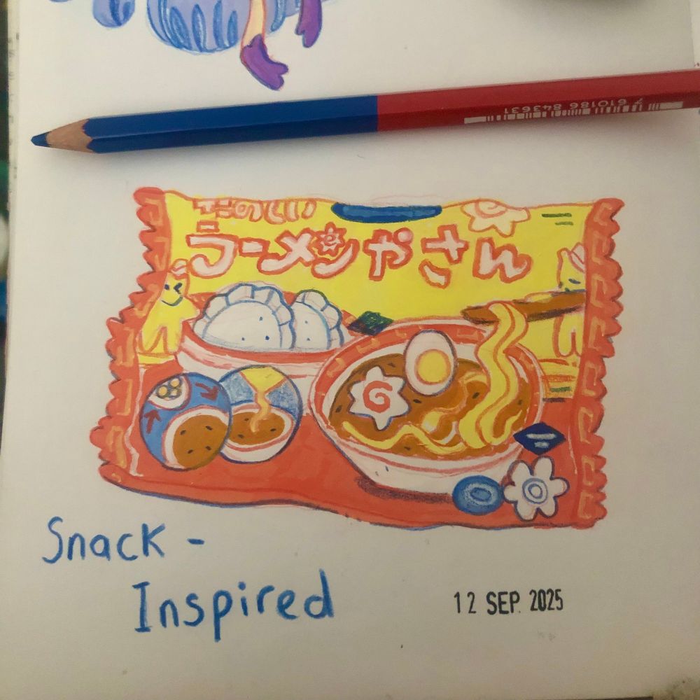 A mixed media illustration of a packet of Candy Ramen! It’s primarily painted in bright reds and yellows. There are two star shaped mascots on the packaging with faces and ramen chef hats. 

Text says: たのしいラ-ベンやさん 
dated: 12 Sep 2025