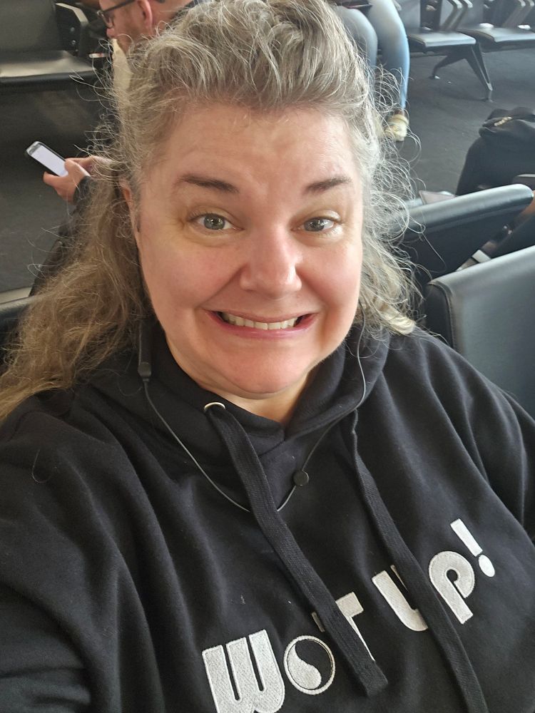 Old lady wearing a black Wot up hoodie!