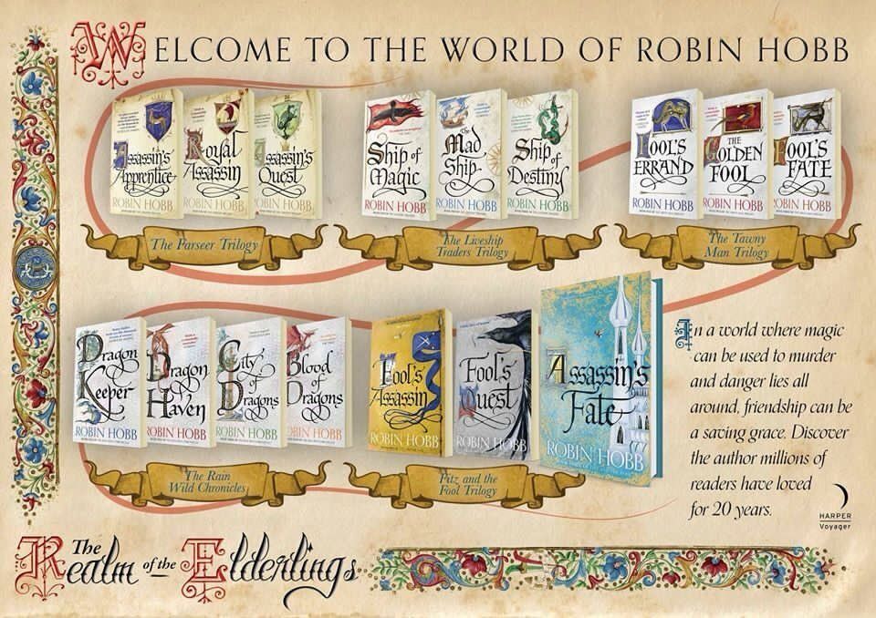 Infographic showing the series breakdown of the Realm of the Elderlings books by Robin Hobb