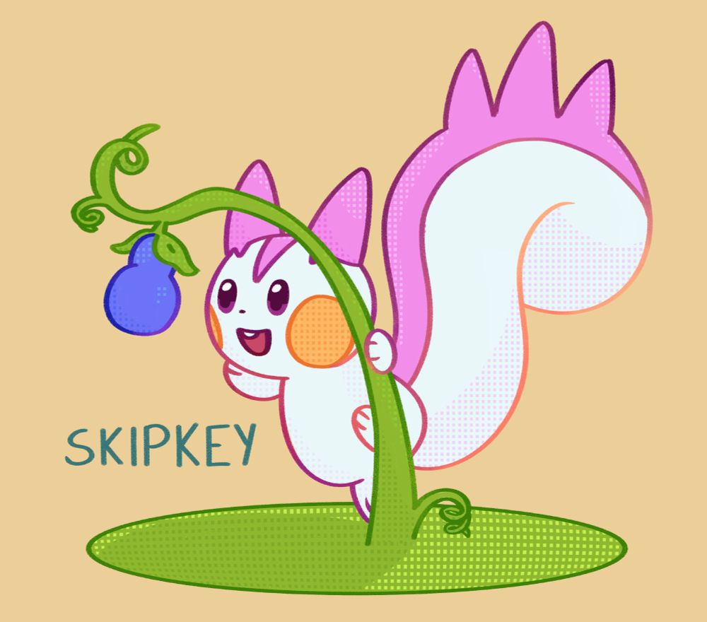 A drawing of an electric squirrel pokemon called pachirisu. Its holding on to a branch that holds a berry and is reaching out to it. 