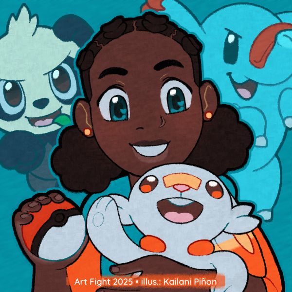 Drawing of a young woman holding a pokemon and pokeball, with two jumping excitedly behind her.
