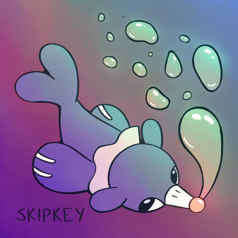 A drawing of the water starter popplio swimming through the water and looking up. A trail of bubbles is coming from its nose. 