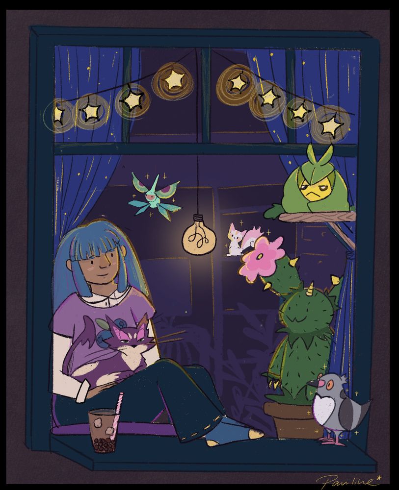 Drawing of a young woman sitting inside an apartment window with a group of pokemon.