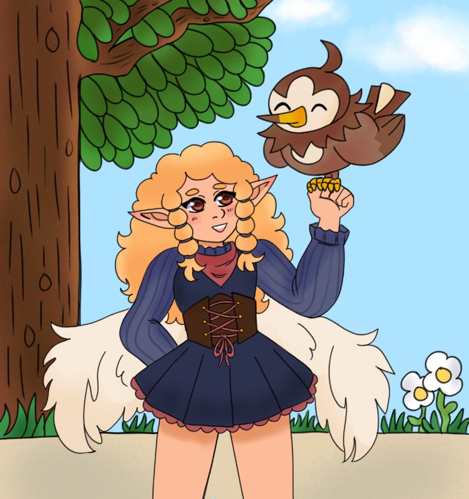 Drawing of a young woman wearing fantasy attire with angel wings outside. She has starly, a bird pokemon resting on her fist.