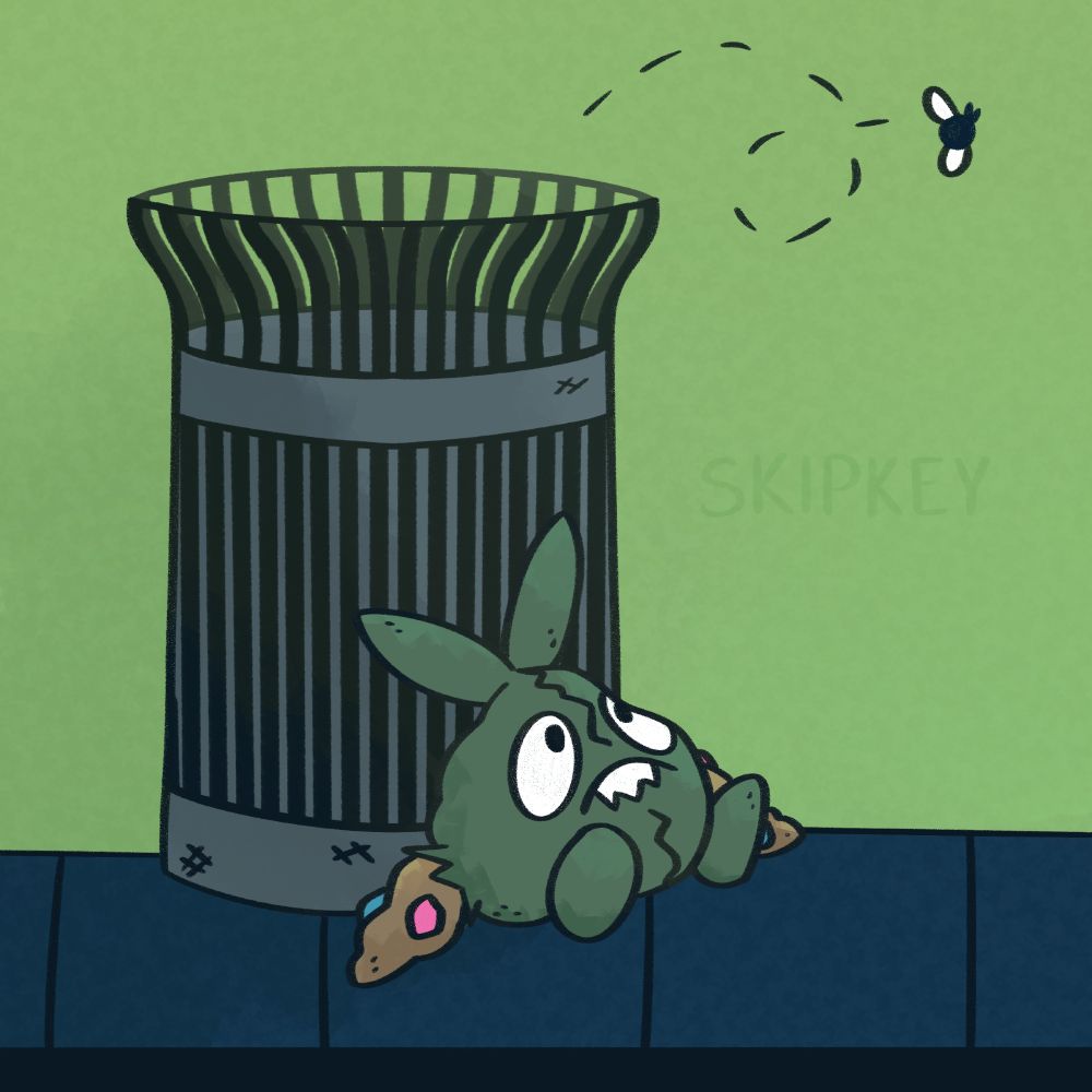 A drawing of trubbish, a poison pokemon that resembles a bag of trash. It is sitting on a sidewalk and leaning against a trashcan. A fly is flying out of the can and trubbish is looking up at it. 