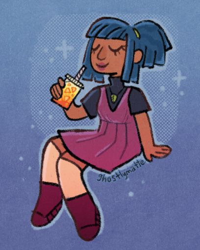 Drawing of a young woman sitting cooly with a juice drink.