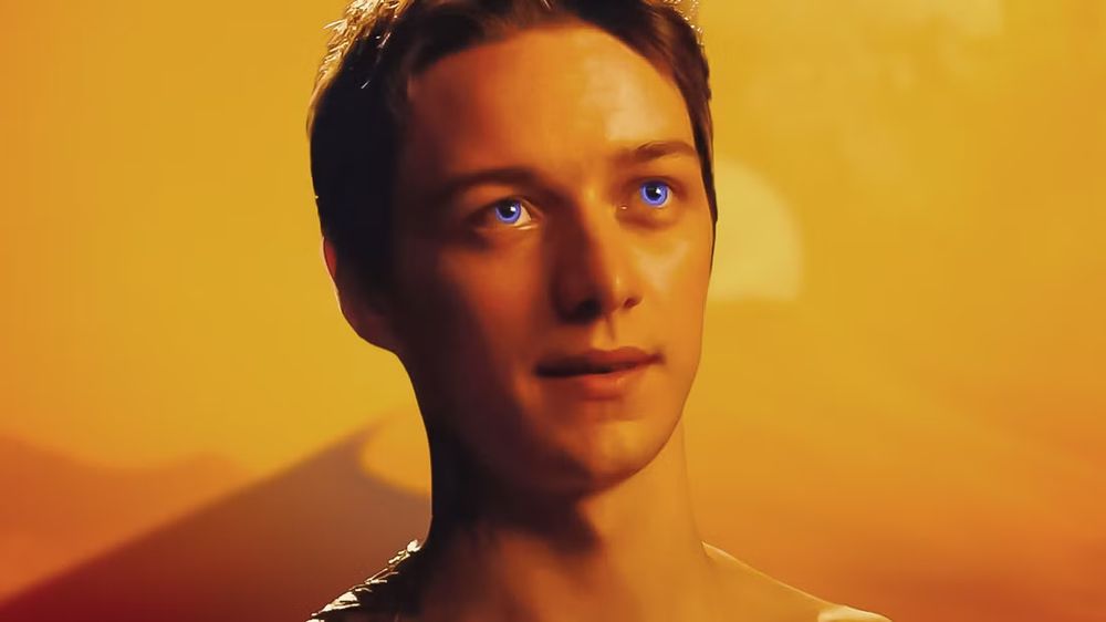 James McAvoy as Leto II Atreides in Children of Dune, looking very orange with bright glowing blue eyes.
