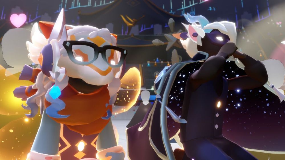 Two Skykids sitting beside eachother being dorks and watching Aurora. One has an otter mask and gold wings, the other is looking like goth Tuxedo Mask with horns