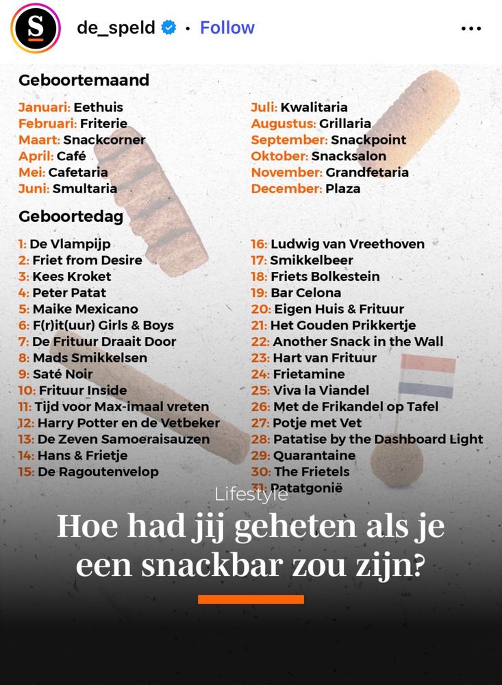 de_speld


Hoe had jij geheten als je een snackbar zou zijn?

Geboortemaand

Januari: Eethuis
Juli: Kwalitaria
Februari: Friterie
Augustus: Grillaria
Maart: Snackcorner
September: Snackpoint
April: Café
Oktober: Snacksalon
Mei: Cafetaria
November: Grandfetaria
Juni: Smultaria
December: Plaza
Geboortedag

1: De Vlampijp
16: Ludwig van Vreethoven
2: Friet from Desire
17: Smikkelbeer
3: Kees Kroket
18: Friets Bolkestein
4: Peter Patat
19: Bar Celona
5: Maike Mexicano
20: Eigen Huis & Frituur
6: F(r)it(uur) Girls & Boys
21: Het Gouden Prikkertje
7: De Frituur Draait Door
22: Another Snack in the Wall
8: Mads Smikkelsen
23: Hart van Frituur
9: Saté Noir
24: Frietamine
10: Frituur Inside
25: Viva la Viandel
11: Tijd voor Max-imaal vreten
26: Met de Frikandel op Tafel
12: Harry Potter en de Vetbeker
27: Potje met Vet
13: De Zeven Samoeraisauzen
28: Patatise by the Dashboard Light
14: Hans & Frietje
29: Quarantaine
15: De Ragoutenvelop
30: The Frietels