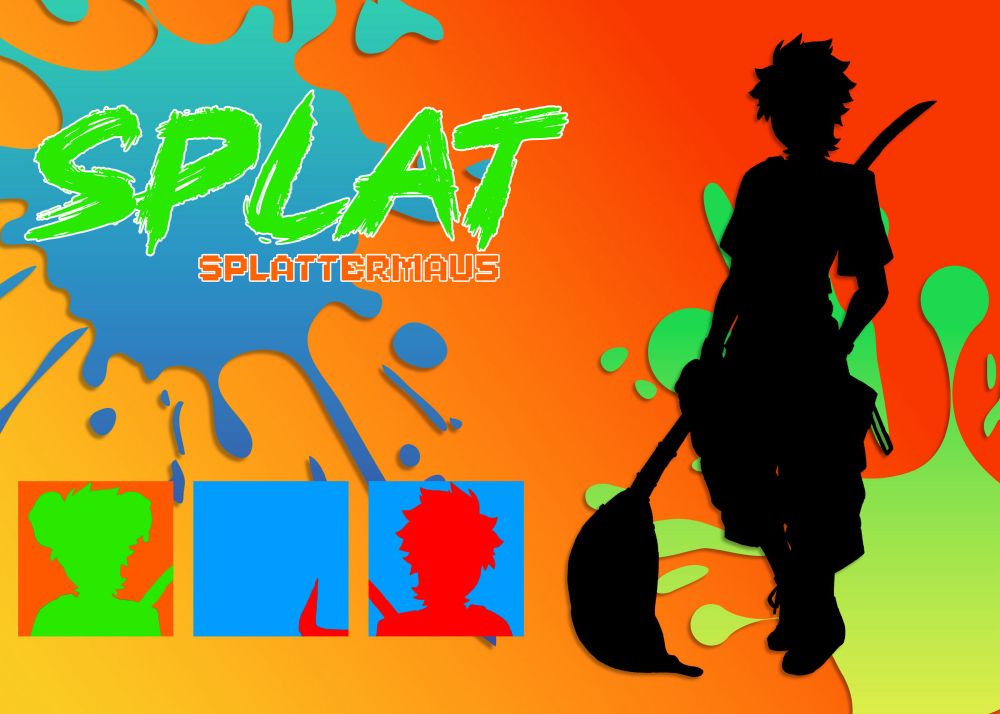 Silhouette of character ref sheet with paint splatters and colors