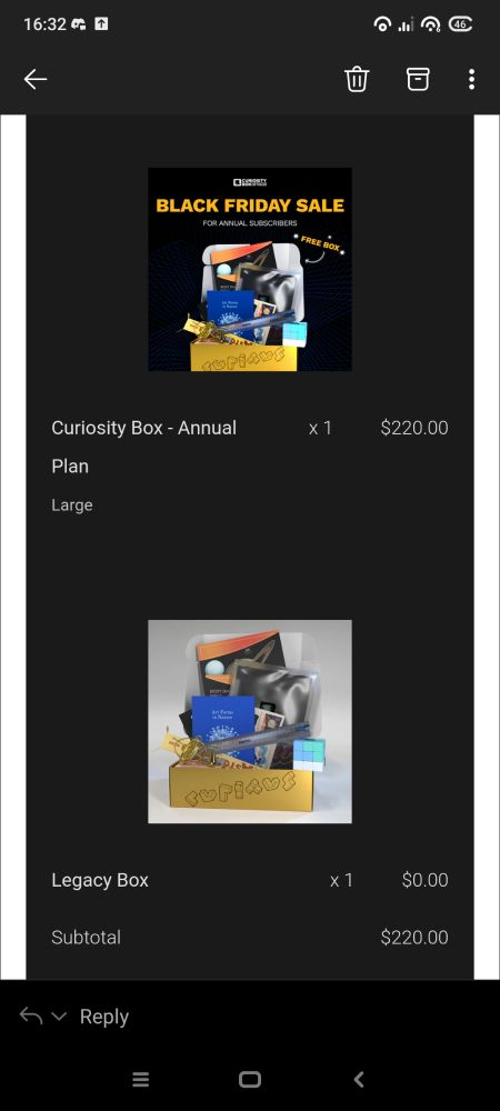 screenshot of a confirmation email for a subscription to Vsauce's curiosity box
