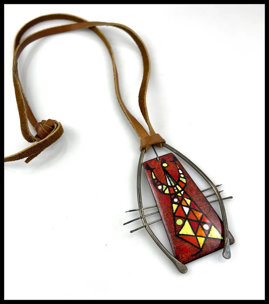 Here is a short biography of the artist that I compiled from online sources:

Barney Reid grew up in Yuma Valley, Arizona earning his BA at Arizona State College. He moved to San Diego to work as a graphic designer after teaching at Arizona State University (between 1946-49) and launched ReidArt offering screen-printed fabrics and textiles. Barney Reid’s jewelry was exhibited nationally in the 1950s and '60s and for a time he shared a studio with Harry Bertoia. Reid’s enamels were featured in several prominent exhibitions throughout the country including the prestigious annual Decorative Arts and Ceramics Exhibition at the Wichita Art Association in 1952, 1953 and 1954; Enamel: An Historic Survey to the Present Day, organized by the Cooper Union Museum for the Arts of Decoration in 1954; the seminal Enamels at New York’s Museum of Contemporary Crafts in 1959; and the Scripps Annual in Claremont, California in 1964. One of Reid’s most inventive works – an abstraction in which small enamel panels were mounted on a horizontal wood panel in a lively, interlocking composition – was featured in a 1957 article in Craft Horizons – the forerunner to American Craft – in an article titled 'Plaque Bouillabaisse'. Reid’s works from the late ‘40s through the ‘60s are quite scarce. By the mid-1970s until his death he worked almost exclusively in intaglio printmaking.
