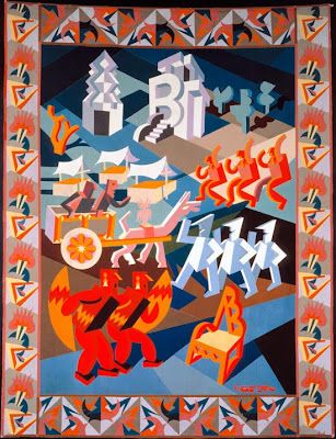 In 1919, Depero founded the Casa d'Arte Futurista (House of Futurist Art) in Rovereto, which specialised in producing toys, tapestries and furniture in the futurist style. In 1925, he represented the Italian futurists at the Exposition Internationale des Arts Décoratifs et Industriels Modernes in Paris. The freedom with which he moved between media over the course of his five-decade career made him Futurism's common denominator.
Depero showed Marinetti stacks of paintings, as well as machines built of cardboard. There were also his "abstract" poems written in colored inks on large polychrome sheets dangling from the ceiling. Marinetti read some of these aloud, recognizing his own influence: For several years, he'd been leading a revolt against adjectives, adverbs, and conjunctions, promoting what he called "words-in-freedom", a typographic onslaught to directly transcribe modern-world experience. For instance, he set the sounds of battle in verse with declamations such as zang-tooooomb-toomb-toomb and pacpacpicpampampac. By 1916, Depero had taken the concept to a new extreme with "onomalingua," a mechanical dialect (vroiii sioiii oiii) in which he claimed to converse directly with automobiles and trains.
However, it was Depero's assemblages in cardboard - with geometric flowers stiff and artificial, such as might bloom in a robotic garden - that changed the course of his career. When he saw them, Sergei Diaghilev, founder of the Ballets Russes, declared Depero "the new Rousseau". Diaghilev commissioned him to create Futurist scenery and costumes for Stravinsky's ballet, Song of the Nightingale.  Decades ahead of their time, Depero's experiments in mechanized movement were never to reach the stage. Stravinsky's ballet was delayed and reworked and ultimately staged years later with a set by Henri Matisse.