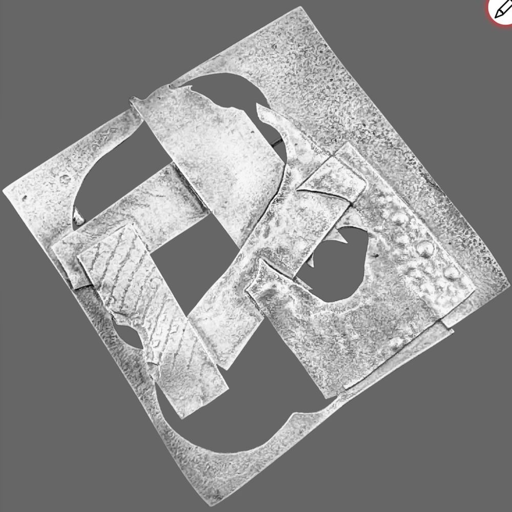 A one of a kind vintage 1960s 70s handmade sterling silver brutalist modernist brooch by Long Beach California professor/artist/sculptor/metalsmith Dieter Muller-Stach. Entirely handmade even the pin mechanism at back! Square-shaped openwork lattice design with overlapping irregular-shaped strips of silver that have been given various surface textures by the artist! A big bold brooch that makes a statement! The artist was born in 1935 in Germany where he studied jewelry-making and metal-smithing at the Art Academy in Munich. He taught in Ghana for six years before coming to CSULB in Long Beach California to teach jewelry-making in the Art Department in 1968 where he joined Al Pine among others at the forefront of the studio jewelry movement in California. His work appeared in California Design, American Craft magazine, and in books including Oppi Untracht's encyclopedic book, "Jewelry Concepts and Technology", among other publications, and his sculpture metalwork and jewelry designs are in both private and museum collections. He retired in 2003, and passed away in 2011, and this item was purchased from his estate shortly after. (See my last photo of the artist as a young man, about the time that he started his career in metalsmithing.) An incredible one of a kind design, this brooch will make quite a statement when worn! Measures 2-1/8" across by 2-1/8" tall, and weighs a substantial 19.2 grams total. Unmarked. As noted above this item was purchased directly from the artists studio after his death, and may be a prototype or perhaps from his personal collection. In any case, an outstanding vintage modernist piece of wearable art by an elite proponent of California design in the mid 20th century! Excellent vintage condition.