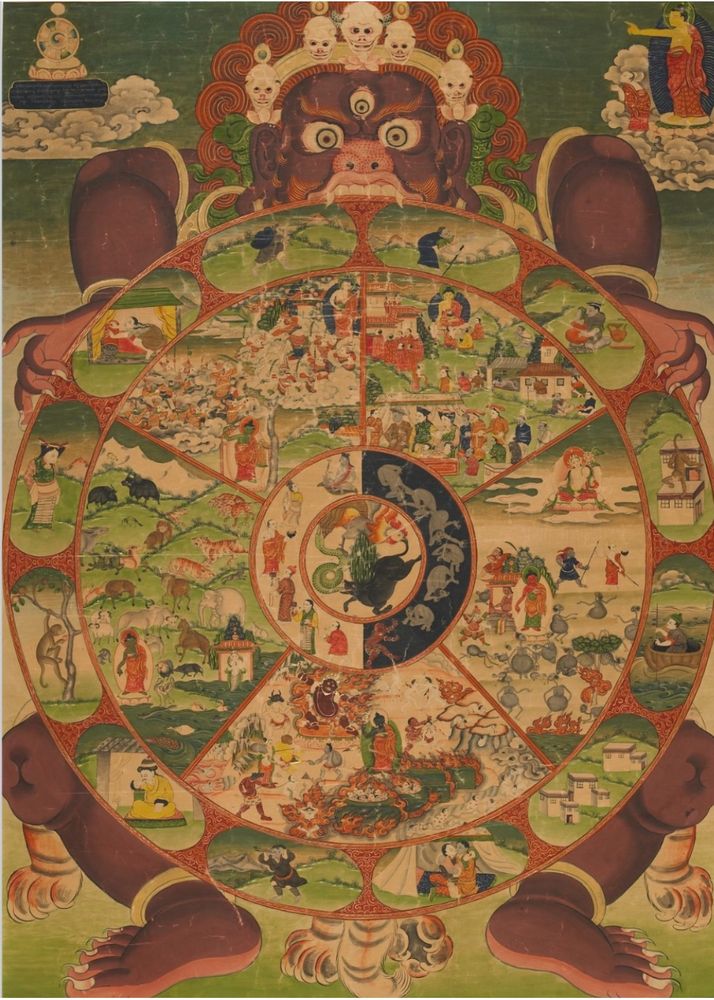 The Wheel of Life, 
also known as the Wheel of Existence,
one of Tibetan Buddhism's most powerful teaching tools.
This artwork shows the cycle of life, death, and rebirth, revealing how our actions shape our realities — both now and in lifetimes to come.
At its center are the "three poisons" — attachment, anger, and ignorance - driving the endless loop of suffering. But look closely, and you'll find the Buddha, pointing to the way out.