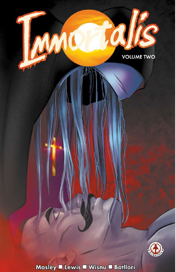 A spooky, almost unsettling cover image for Immortalis volume 2, featuring a faceless nun looming over a  prone man... available now from Markosia Comics