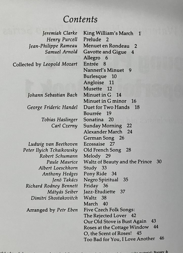 Piano book contents page. 