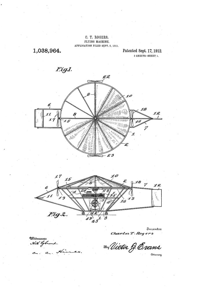 Page 1 of a 1912 patent drawing of a "flying machine" top and side views. Shows circular wing designed to hold hydrogen-filled bladders and act as a parachute, pilot-passenger platform, five propellers for lateral, forward, and vertical motion, ailerons in front with rudder in rear.  Tiny wheels on landing gear. Designed for vertical take off and landing.