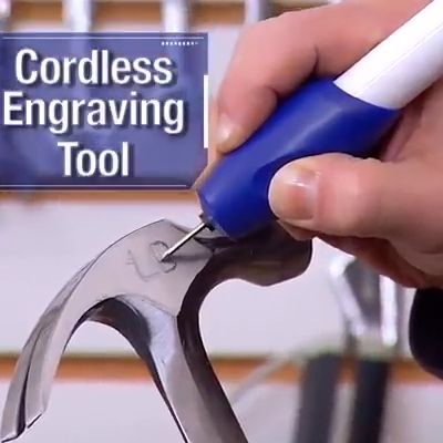 Advertisement showing closeup of a cordless engraver in person’s hand, etching initials into a hammer’s head.