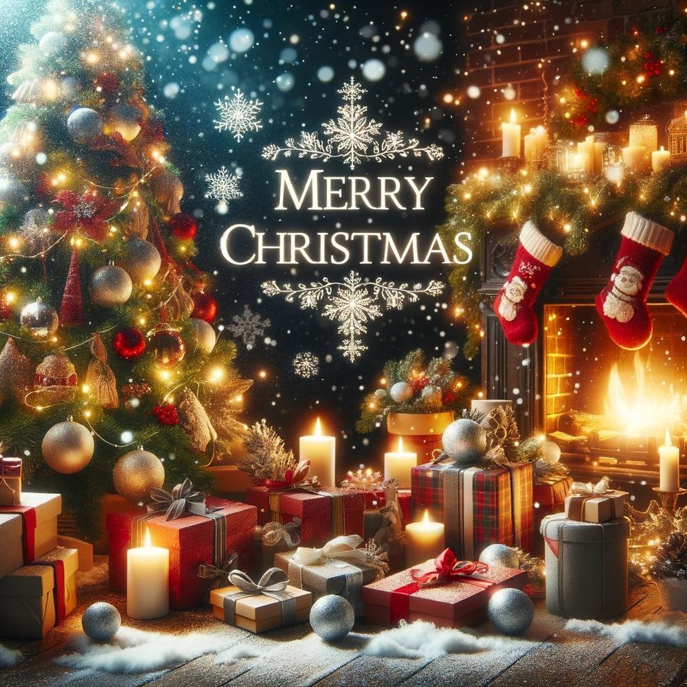 Weihnachtsbaum mit vielen Geschenken und daneben ein Kamin mit Socken. Überall sind Kerzen. In der Mitte der Schriftzug "Merry Christmas".