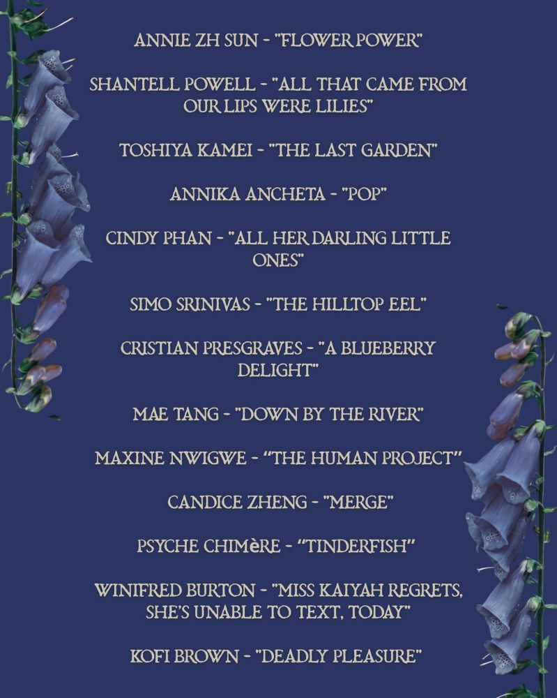 On a blue background flanked by spikes of foxgloves, a list of the stories in the book: ANNIE ZH SUN - 