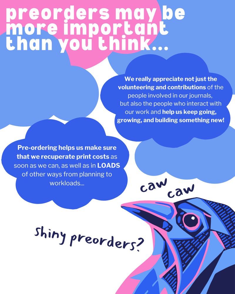 preorders may be more important than you think...

We really appreciate not just the volunteering and contributions of the people in our journals, but also the people who interact with our and help us keep going, growing, and building something new!

Pre-ordering helps us make sure that we recuperate print costs as soon as we can as well as in loads of other ways from planning to workloads...
