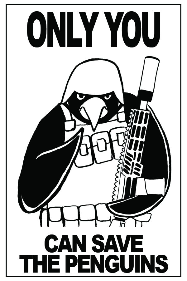 Penguin in an army helmet pointing toward the viewer. Only you can save the penguins.