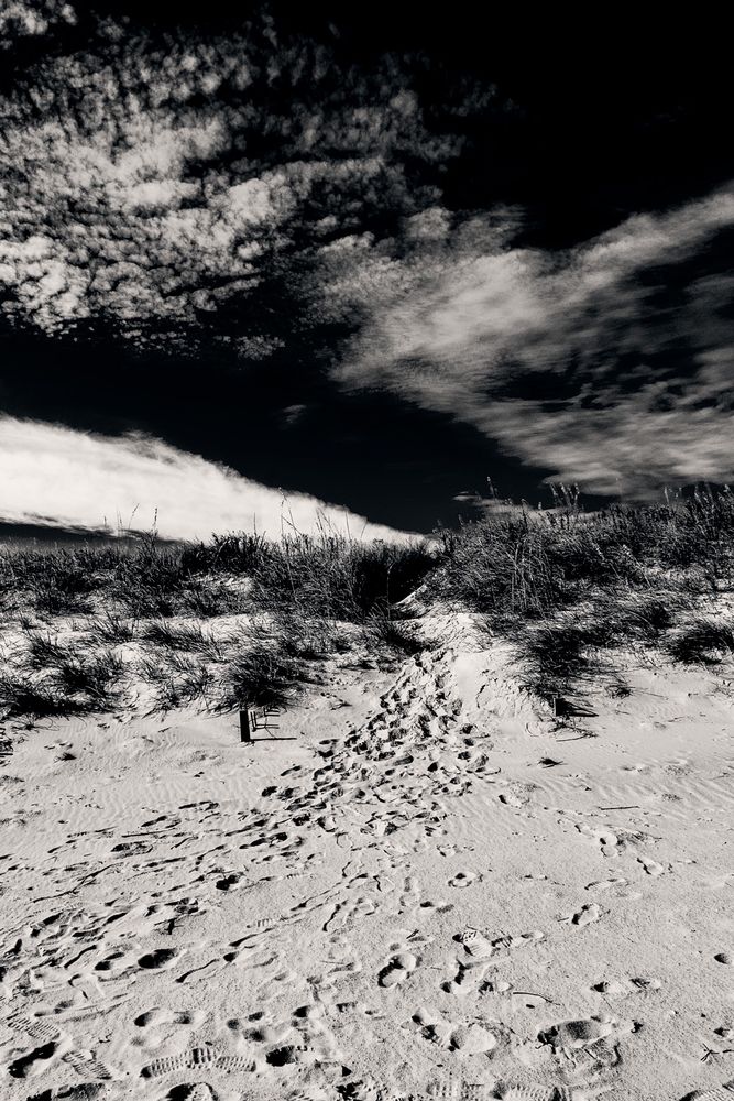 Scene of a sand dune in the Outer Banks of North Carolina. The sky is clear except for a few thin clouds that will not interfere with a beachgoer's plans. The top of the dune is covered with seagrass with a small opening that allows visitors to make their way to the beach. The footprints at the top of the dune are closely bunched together to fit through the narrow opening. The footprints spread out into an inverted V as the pathway widens and the people make their way toward an empty spot of sand.