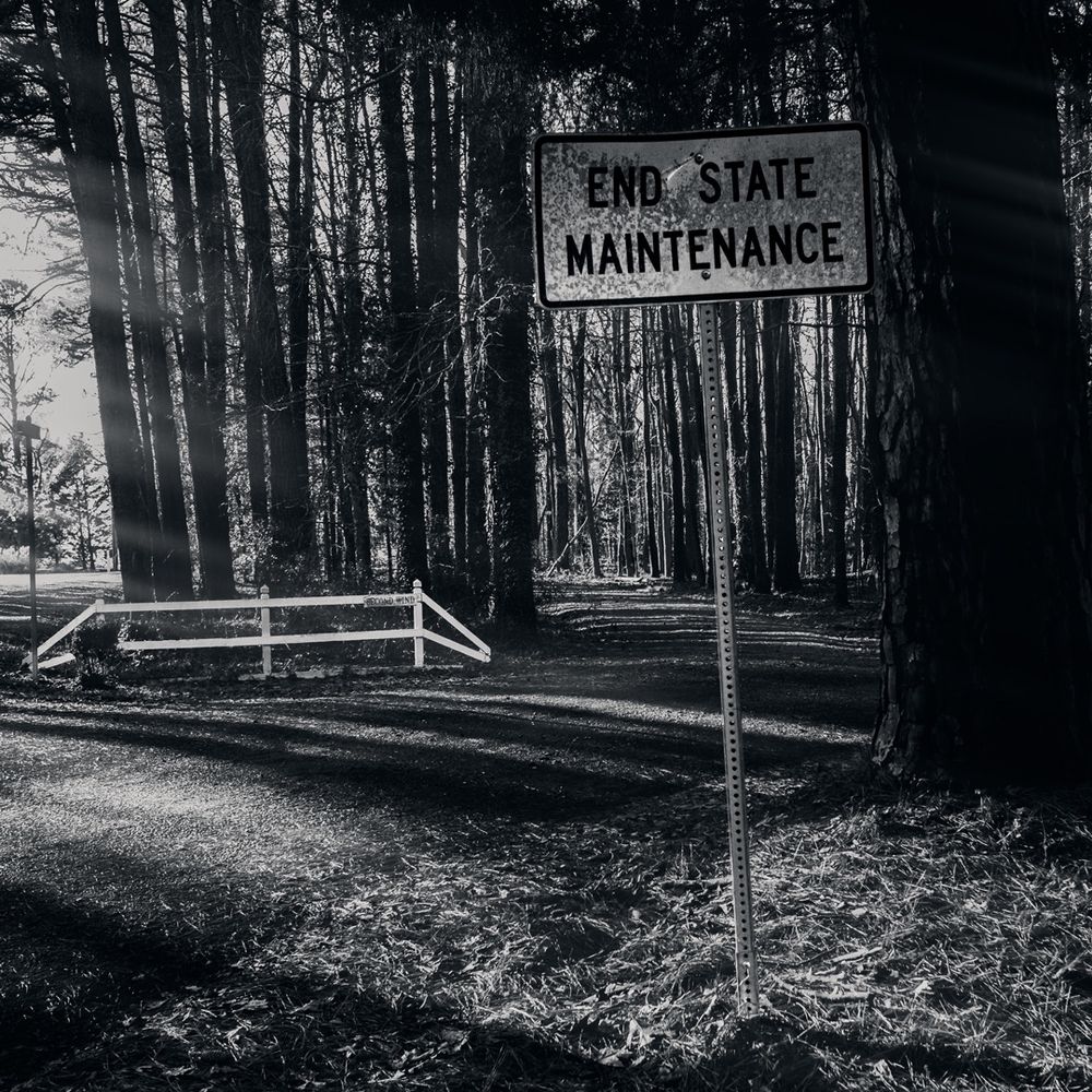 A weathered "End State Maintenance" sign at the end of a rural road. Behind the sign a dirt driveway leads into a wooded area so thick that the house at the end of the road is invisible. To the left of the sign is an opening through the forest with sunlight beams streaming through the trees.