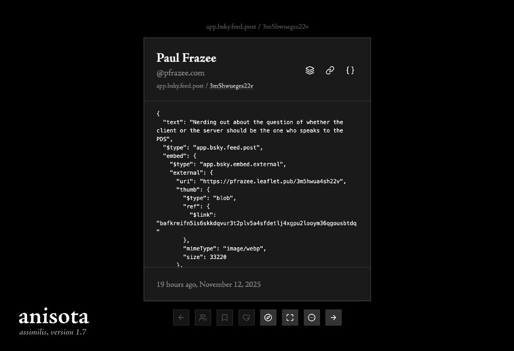 The ATProto explorer showing the raw json data of a post record