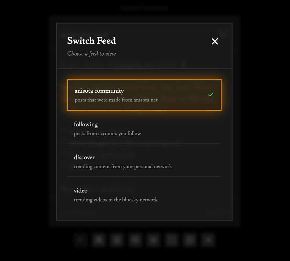 The feed switcher showing the anisota community feed option with an orange border glowing around it