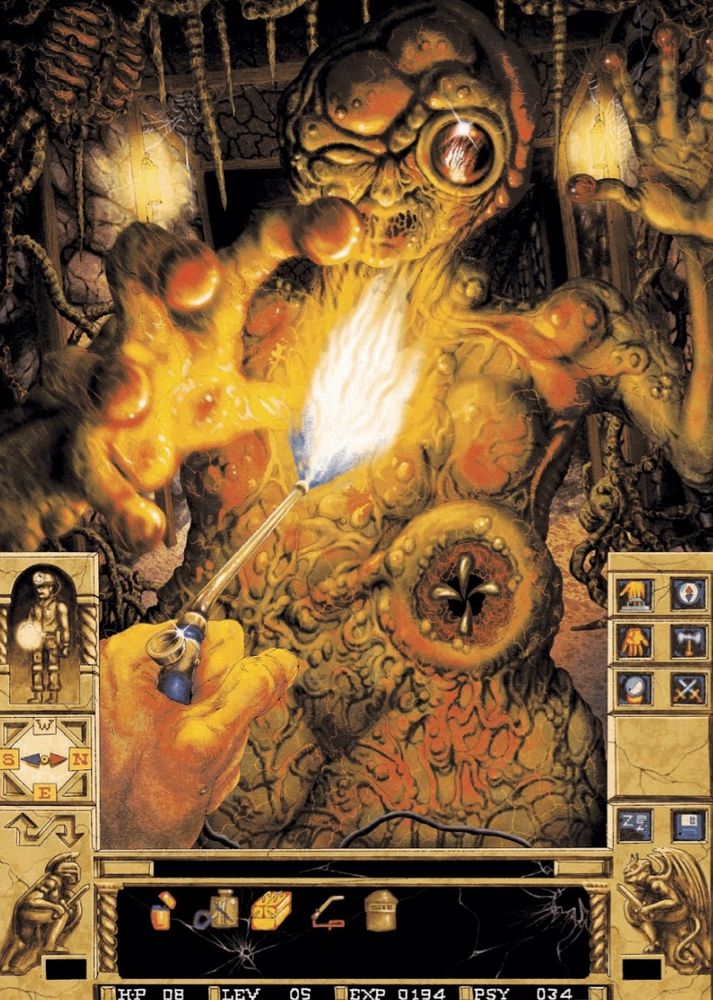 A horrible plant man monster is being roasted by a blowtorch in an illustrated scene inspired by the game Waxworks