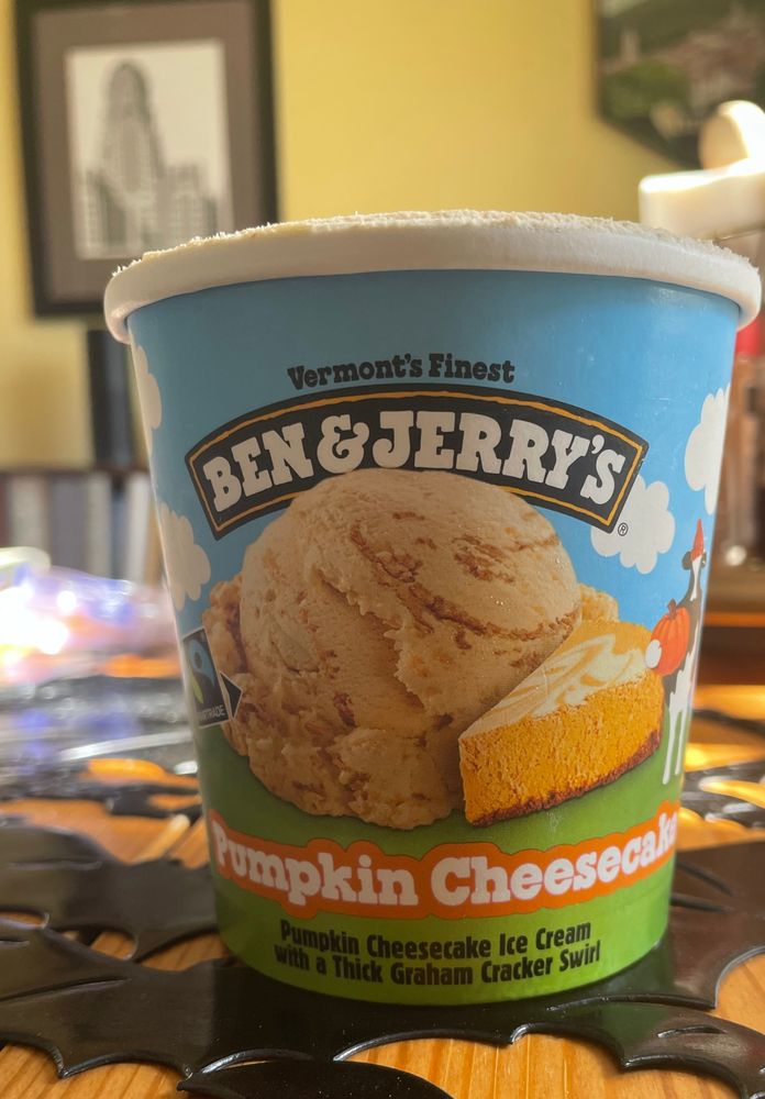 A pint of Ben & Jerry's Pumpkin Cheesecake ice cream
