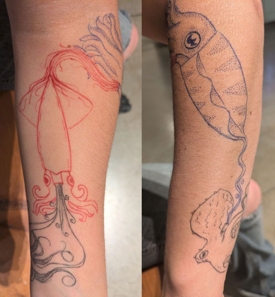 Two photos side by side which show a temporary tattoo going around the A red squid squirts blank ink from its siphon, which turns into a black octopus squirting blue ink from its siphon, which turns into a blue cuttlefish squirting red ink from its siphon, which turns into . . . yep, you guessed it, the original red squid.