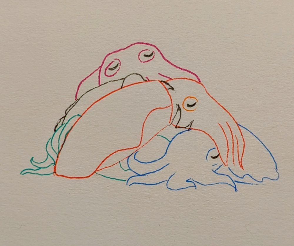 A pile of simply drawn cuttlefish of many colors, lying on and embracing each other. Their eyes are closed and they look happy.