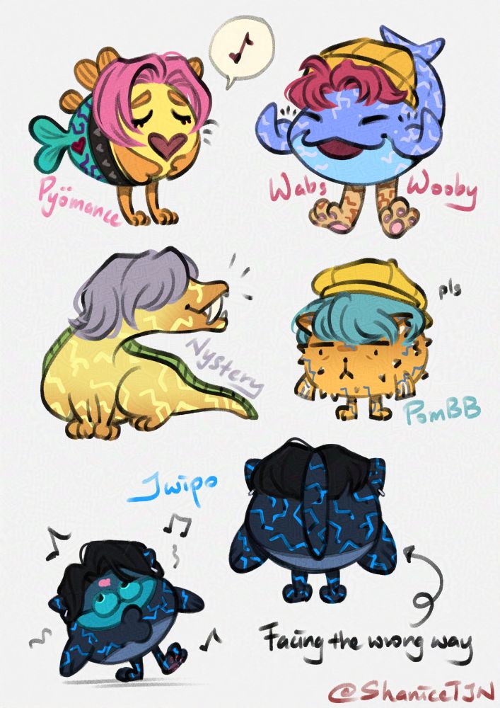 A digital artwork by of 5 Koilicos as the Saja Boys from KPop Demon Hunters.

They are called the Saja Kois and it features Pyömance (Pyö - Romance), Wabs/Wooby (Wooshi - Abs/Abby), Nystery (Nettie - Mystery), PomBB (Pom - Baby) and Jwipo (Peapo - Jinu).

Their names are written next to each doodle of them and there is an arrow pointing to Jwipo with the accompanying sentence "Facing the wrong way".

Doodled by @ ShaniceTJN.