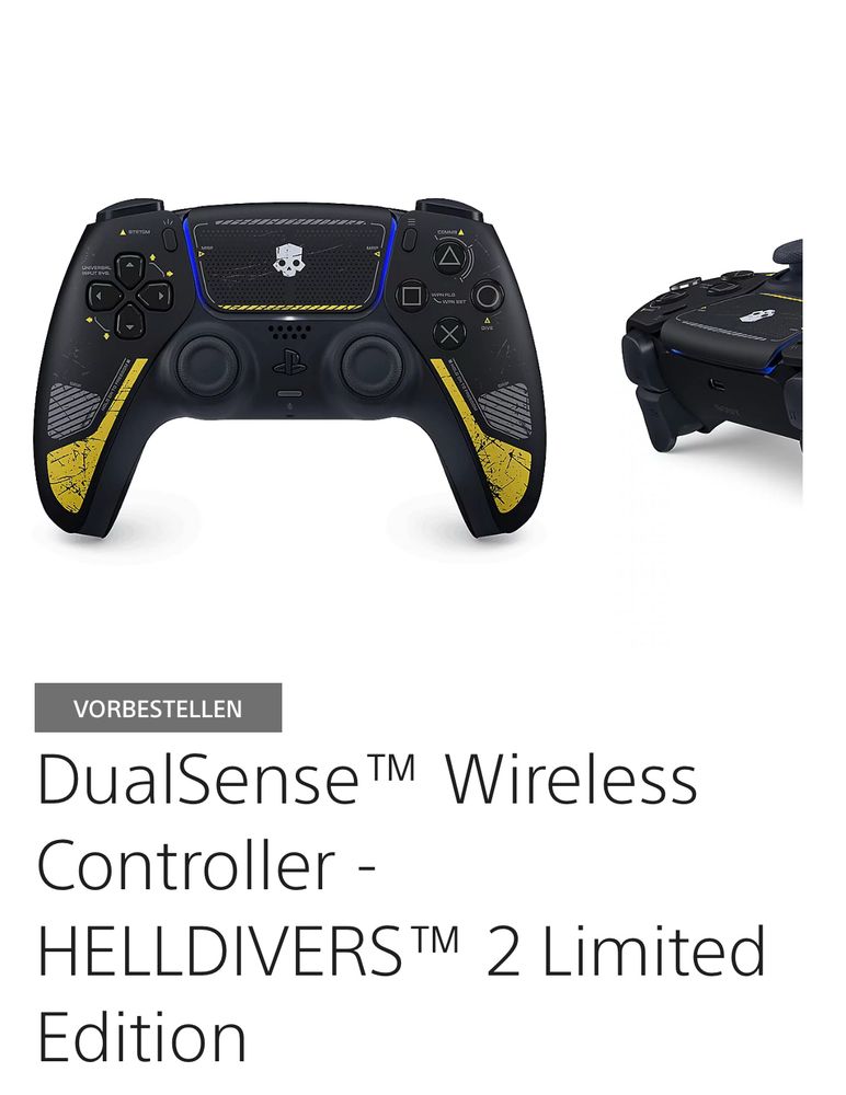 A picture of the DualSense Helldivers 2 limited edition. It has a cool color scheme in black and yellow.