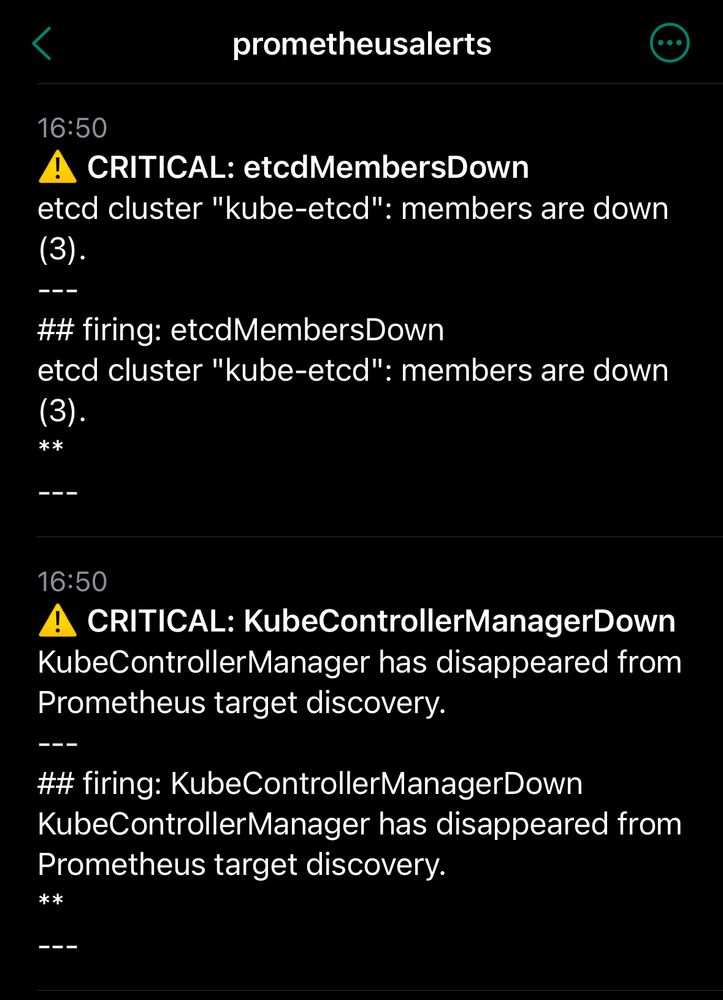 A screenshot of the ntfy app showing two critical alerts reported by an alertmanager instance.