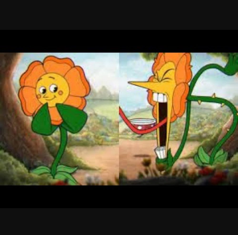 A flower with a coy smile next to a photo of the same flower angrily screaming 