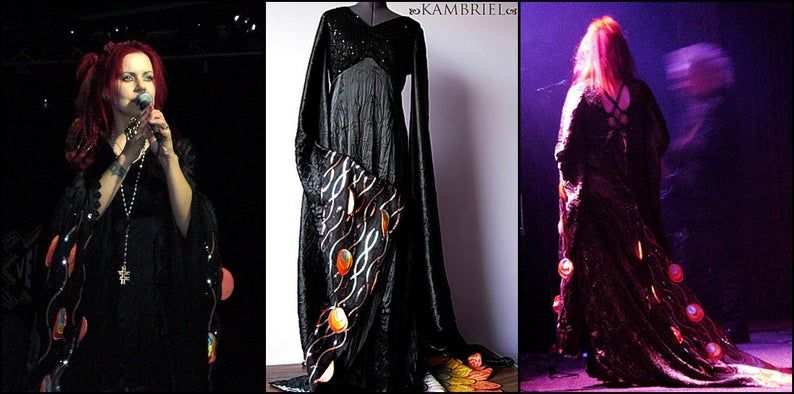 Monica Richards of Faith & the Muse wearing a one of a kind gown by Kambriel with a stylized peacock motif accenting the sleeves and train. 