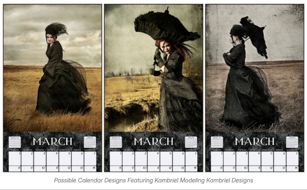 Three portraits taken by Tina of Kambriel wearing her Midnight Bustle ensemble in black amidst a stark amber field backed by stormy skies. They're formatted above a calendar, as various options to select from.