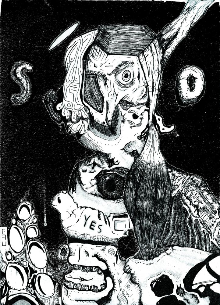 black & white, surreal, there's like a lot of muscle texturing and then stark white foreground on black background, a kind of noisiness, multiple eyes, some mouths and teeth. It kind of looks like a jaw, with a seal on top with the word "yes" inscribed into it, then a torso where a massive eye is in the middle of the chest which is attached to a head which is vomitting up a second head, and, then there's hair which turns into muscle then into perhaps a skull at the bottom right of the image. Things!