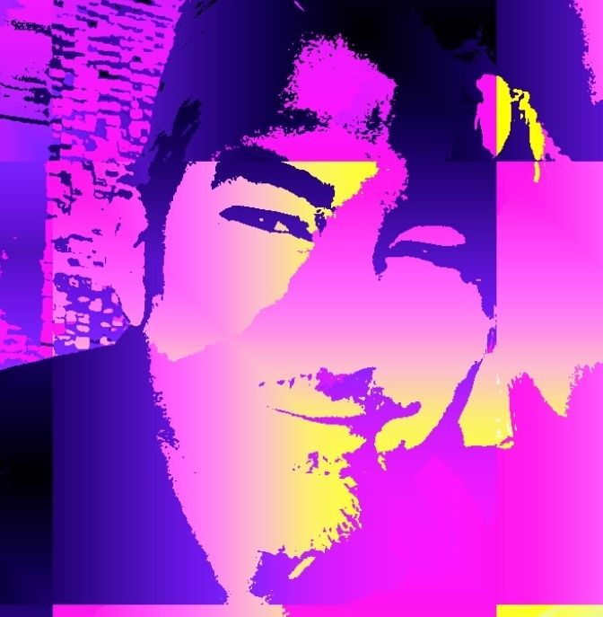 Heavily filtered selfie, high contrast and colored purple and yellow.