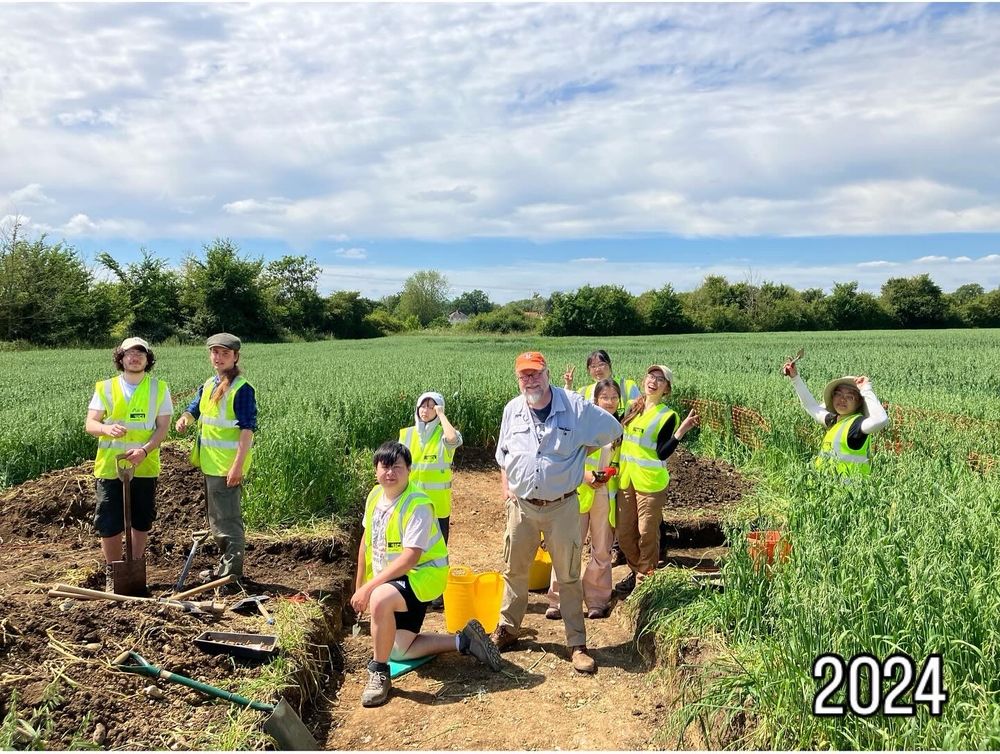 Another team of students and staff stand in a trench in Suffolk. They are surrounded by crops. 